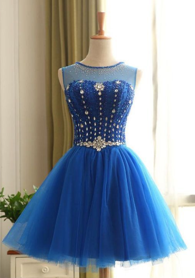 homecoming dress cost Blue Tulle A-line V-neck Cheap Homecoming Dresses SH598 main image 1