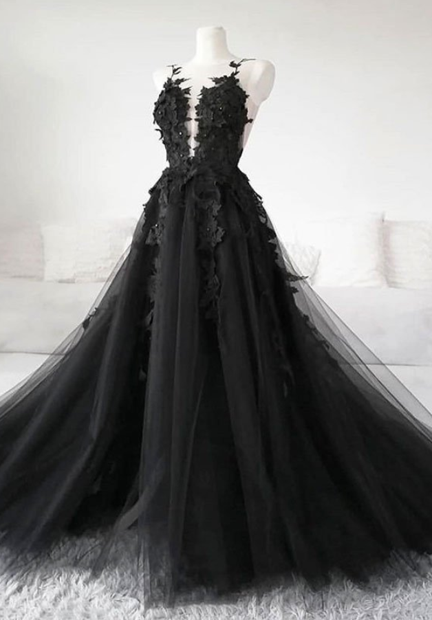 Black Tulle Applique Long Prom Dress, Fabulous Custom Made Black Evening Dress