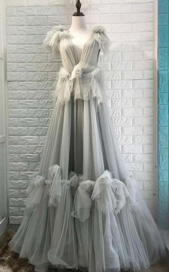 Gray V Neck Tulle Long Prom Dress, Gray Tulle Evening Dress,