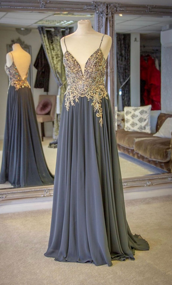 strapless open back dress Dark Grey Shiny Satin Long Sleeves Side Slit Prom Dresses ,CP0296 – clover  sew main image 0
