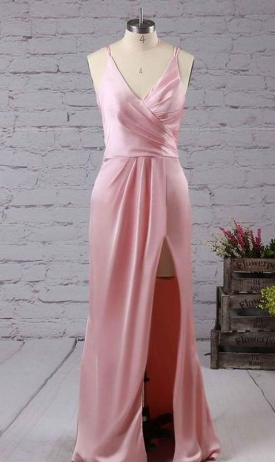 Pink V Neck Sleeveless Side Slit Prom Dresses,long Evening Dresses