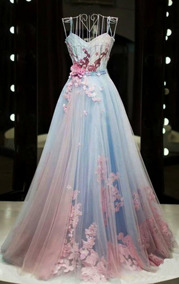 Ruby Outfit Unique Pink and Blue Tulle Long Strapless Senior Prom Dress Evening Dress