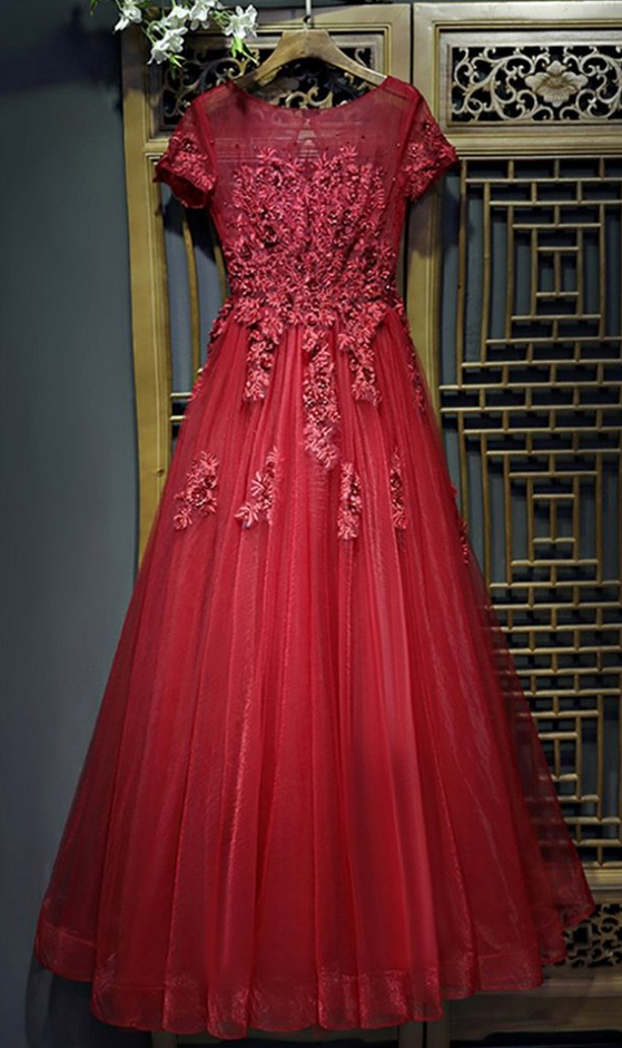 Red Beaded Tulle A-Line Long Formal Dress, Red Prom Dress