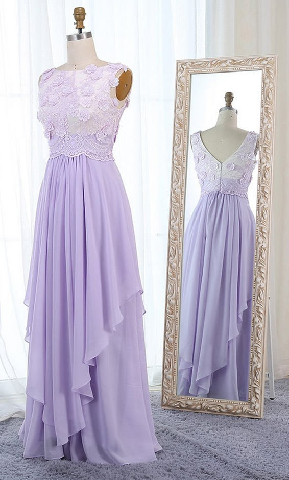 Unique Lilac Chiffon Ruffles Long Lace Applique Prom Dress,