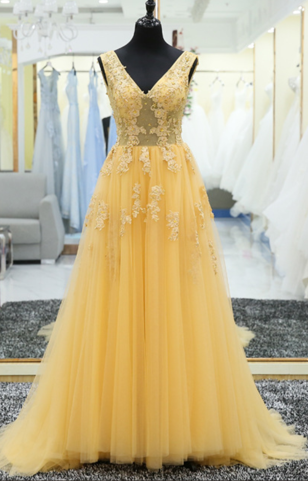 Yellow Lace One Shoulder Prom Dresses A Line Evening Gowns,DS4889 main image 1