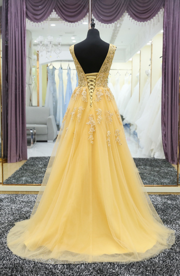 A-line V-Neck Appliques Yellow Long Prom Dress Formal Dress,DS234