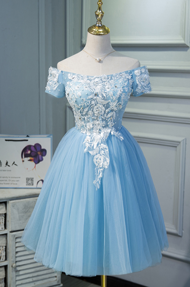Cute Blue Tulle Off Shoulder Knee Length Dress With Sleeves