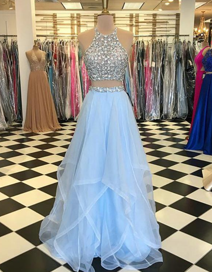 Light Blue Prom Dresses With Pearls Beaded Rhinestones Tulle Ruffles Two Piece Prom Dress