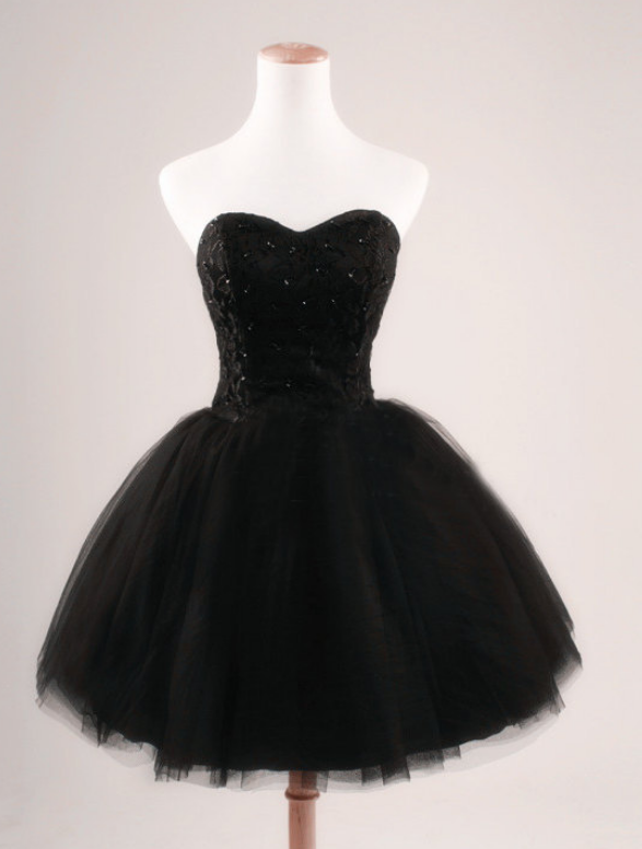 Ball Gown Sweetheart Beaded Lace Tulle Short Black Prom Dresses Gowns, Formal Evening Dresses Gowns, Custom Plus Size Homecoming Graduation