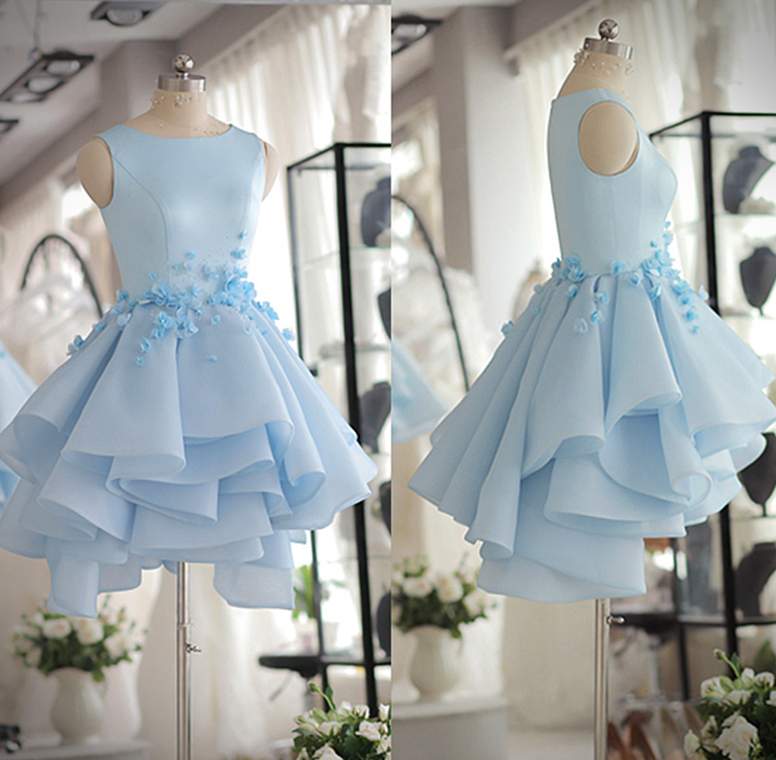 Prom Dresses Tank Sleeveless Light Blue Satin Organza Short Party Dress With Beads And Handmade Flowers Dress Prom Dress Homecoming Gowns Girls