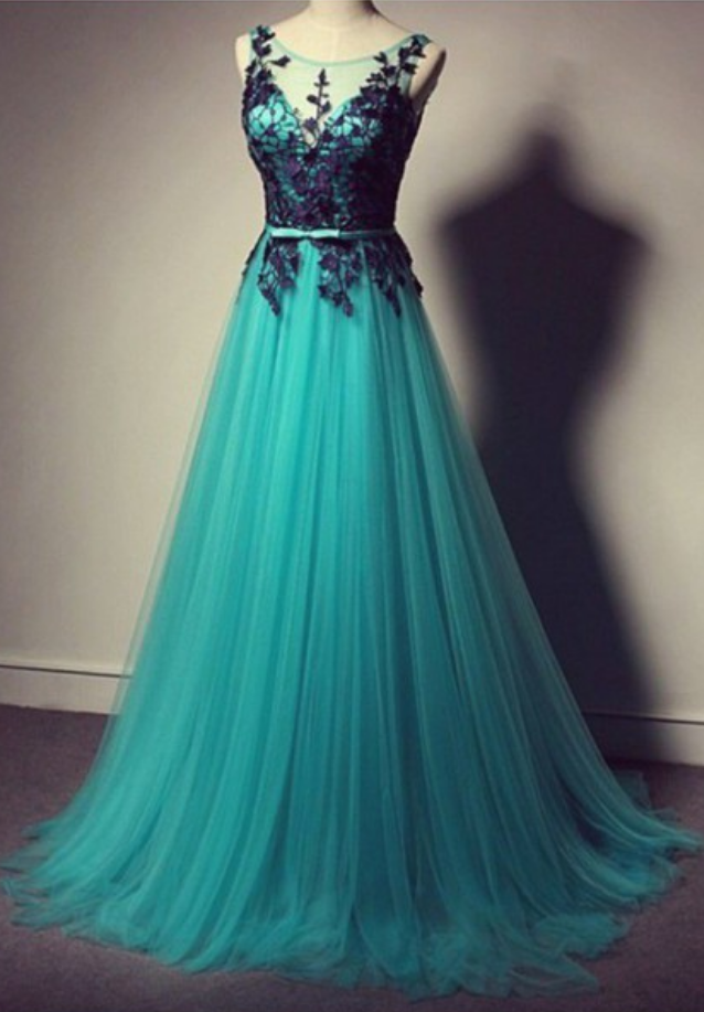 Turquoise Prom Dress With Black Lace Tulle Prom Dress long Prom