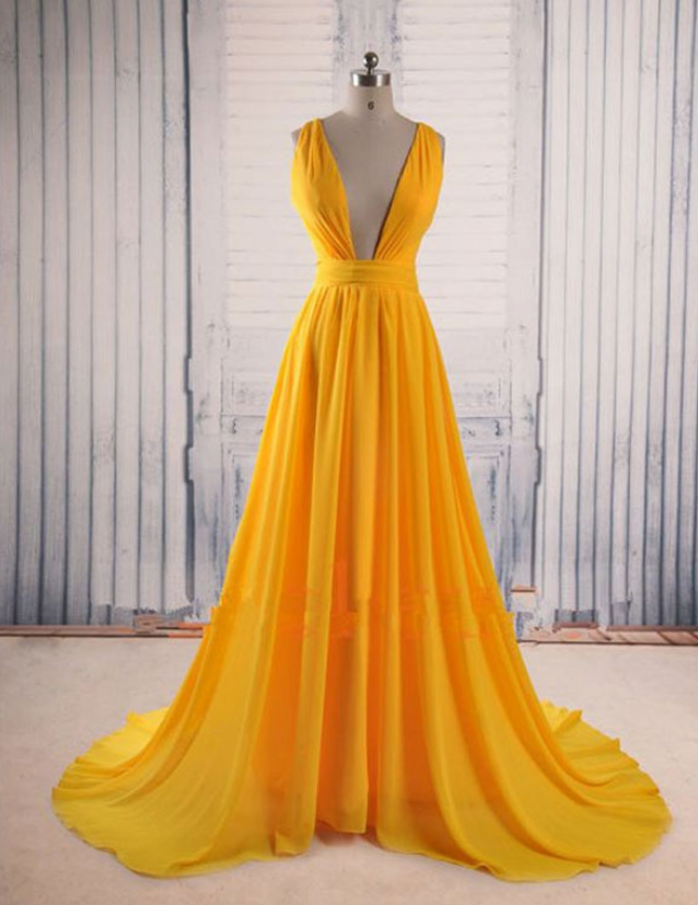 Custom Charming Yellow Chiffon Prom Dress,sexy Deep V-neck Evening Dress,sexy Open Back Prom Dress