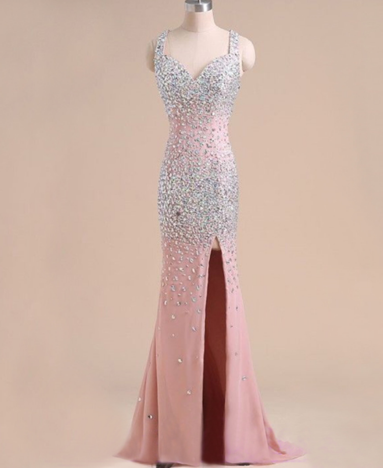 Beaded Embellished Plunge V Shoulder Straps Prom Dresses,floor Length Trumpet Formal Dress Featuring High Slit, Prom Dress,custom Made,party