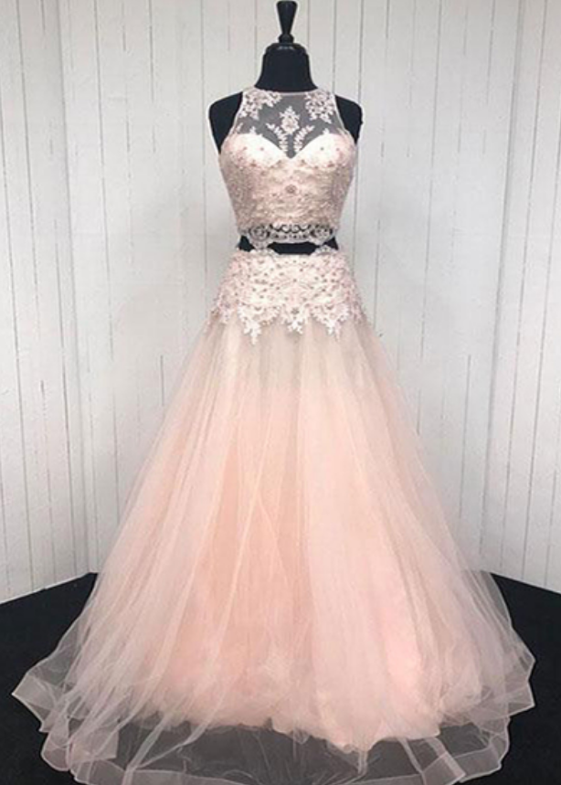 Elegant Pink V Tulle Two Piece Long Prom Dresses, Pink Lace Appliqué Homecoming Dress,evening Dresses