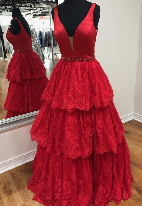 Red Satin Prom Dresses,lace Evening Dress,a-line Prom Dress , Long Evening Dress, Charming Prom Dresses