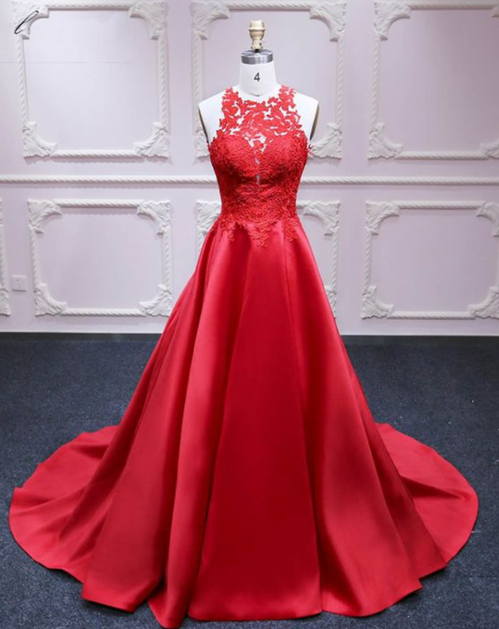 Red Satin Prom Dresses,formal Dress,a-line Prom Dress, Lace Appliques Evening Dresses