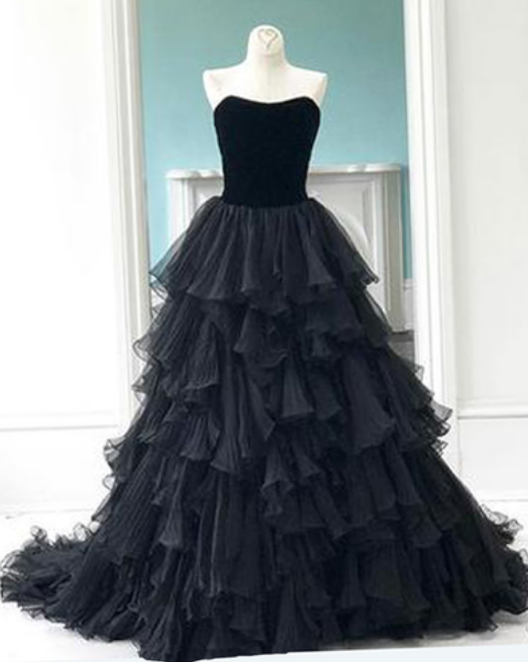 Princess Black Tulle Evening Dresses,sweetheart Neck Long Multi-layer Evening Dress, Prom Gown