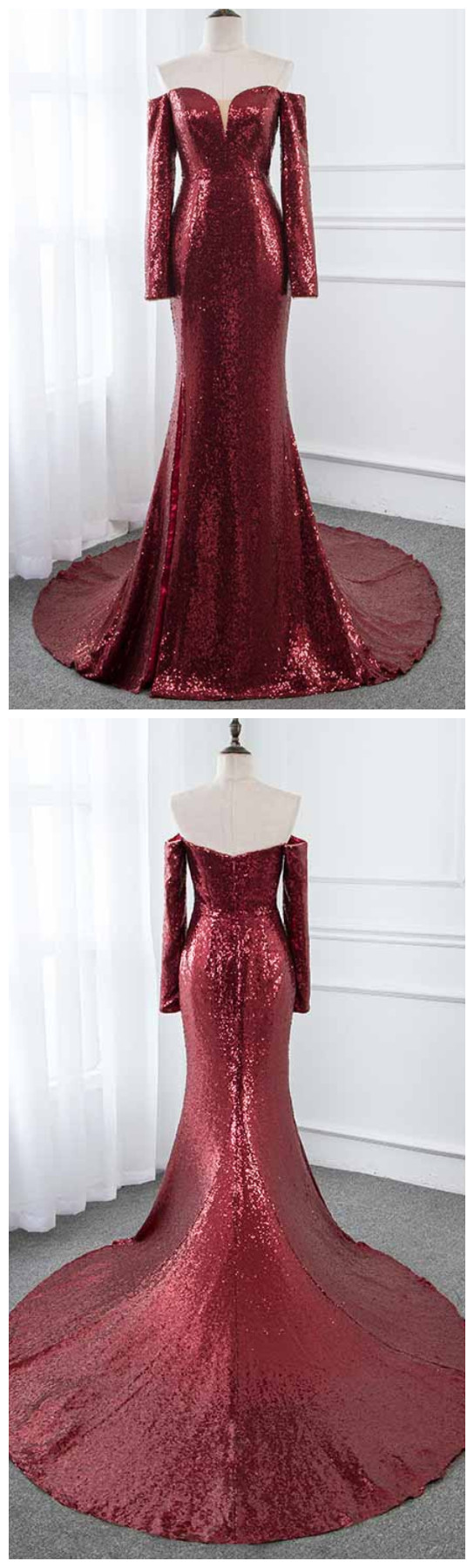 Ruby Outfit Burgundy Long Prom Dresses Off The Shoulder Full Sleeve Formal Evening Gown Dress