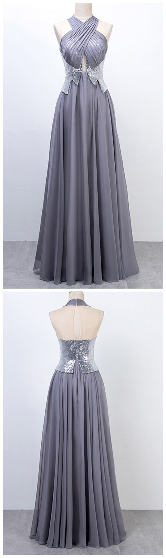 Ruby Outfit Silver Long Prom Dresses Halter Sequins Chiffon Evening Party Gown