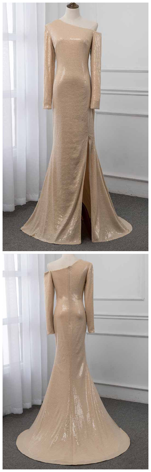 Ruby Outfit 2020 One Shoulder Long Sleeve Prom Dresses Formal Evening Gown Dress Champagne Sequins