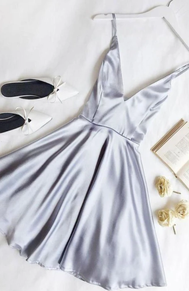 Ruby Outfit Simple Short Blue Women Dresses Spaghetti-straps Mini Evening Dress Satin Fashion Dresses V-neck Homecoming Dress