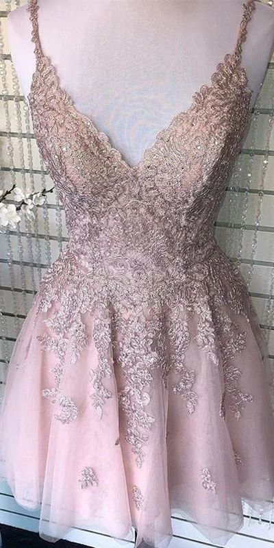 Ruby Outfit A-line Spaghetti-straps V Neck Homecoming Dress, Lace Short Prom Dress