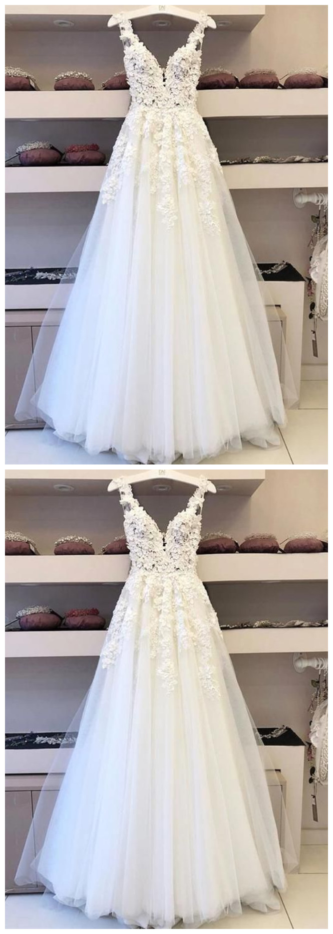 Ruby Outfit Elegant V neck Appliques White Tulle Long Prom Dress