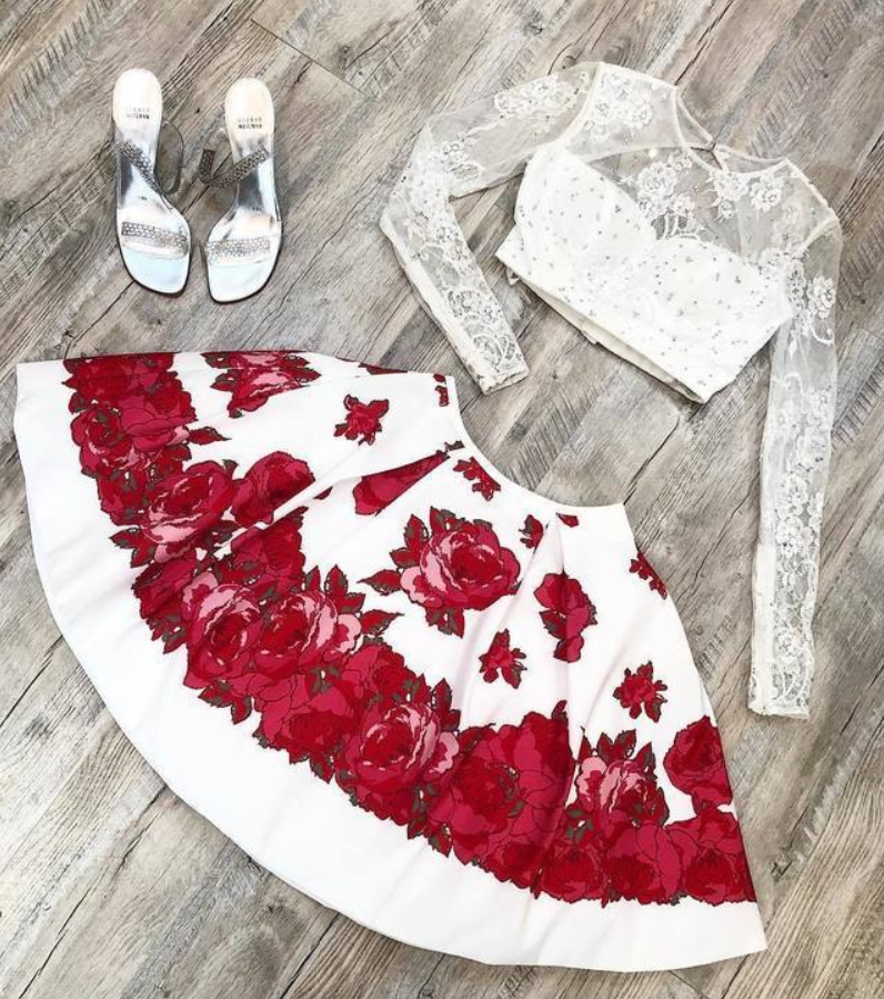 Ruby Outfit Princess Lace Two Piece Short Homecoming Dress With Long Sleeve