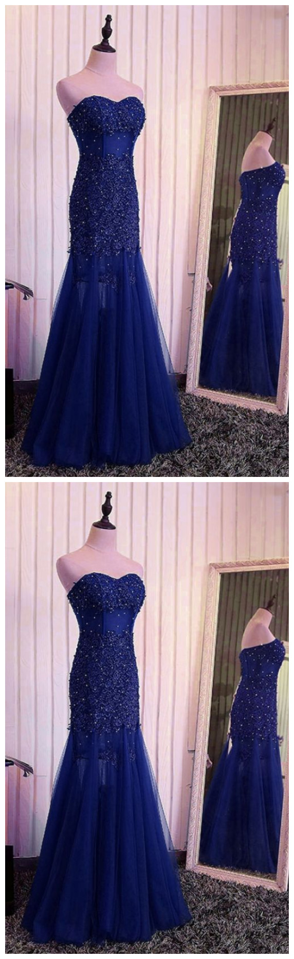 Blue Mermaid Lace Beaded Tulle Evening Dress on Luulla