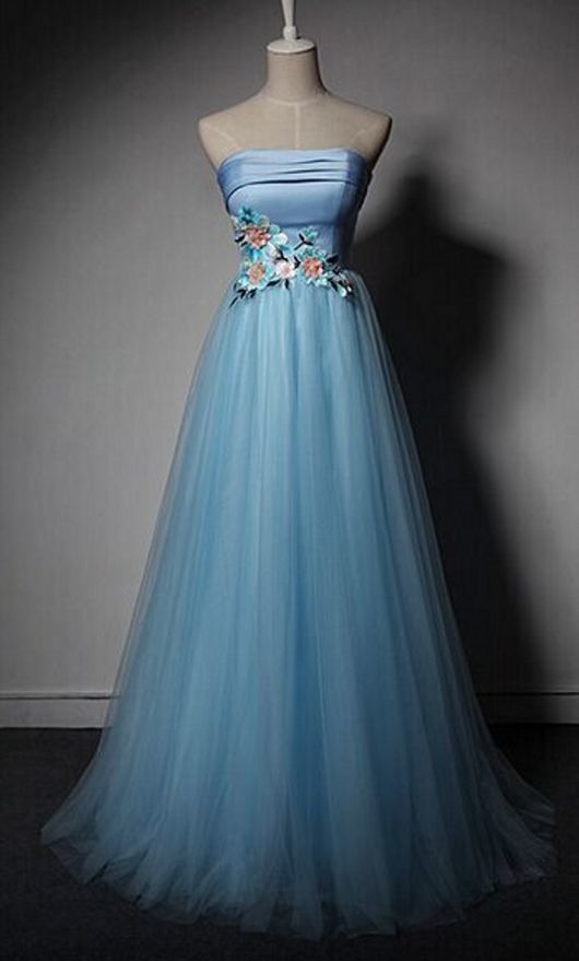 Blue Strapless Tulle A-line Prom Dress, Blue Homecoming Dress