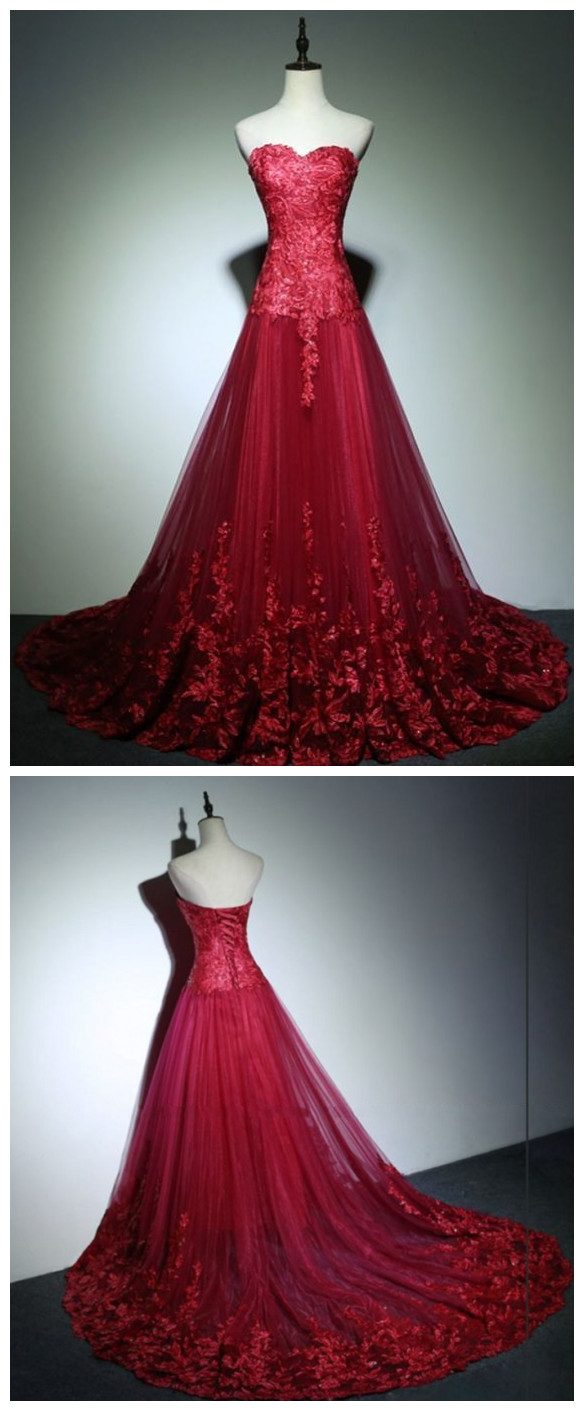 Sweetheart A Line Tulle Formal Evening Gowns Red Lace Long Prom Dresses