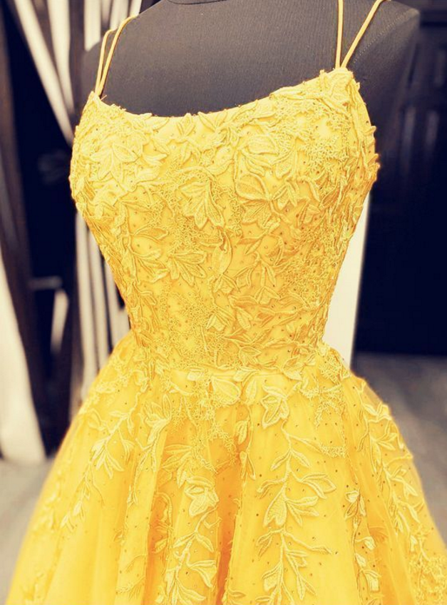 Elegant Yellow Ball Gown Prom Dresses 2020 Lace Appliques