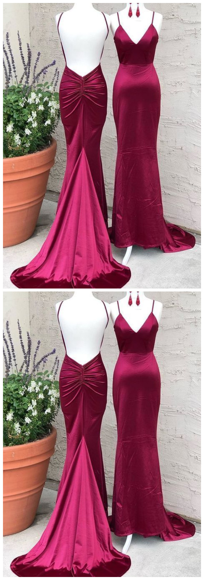 Burgundy V-neck Open Back Red Carpet Pageant Dress,mermaid Evening Dress,satin Prom Dress