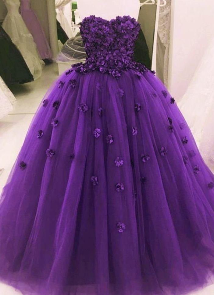 Purple Tulle Flowers Prom Dress Sweetheart A Line Formal Evening Dresses Long Party Gowns