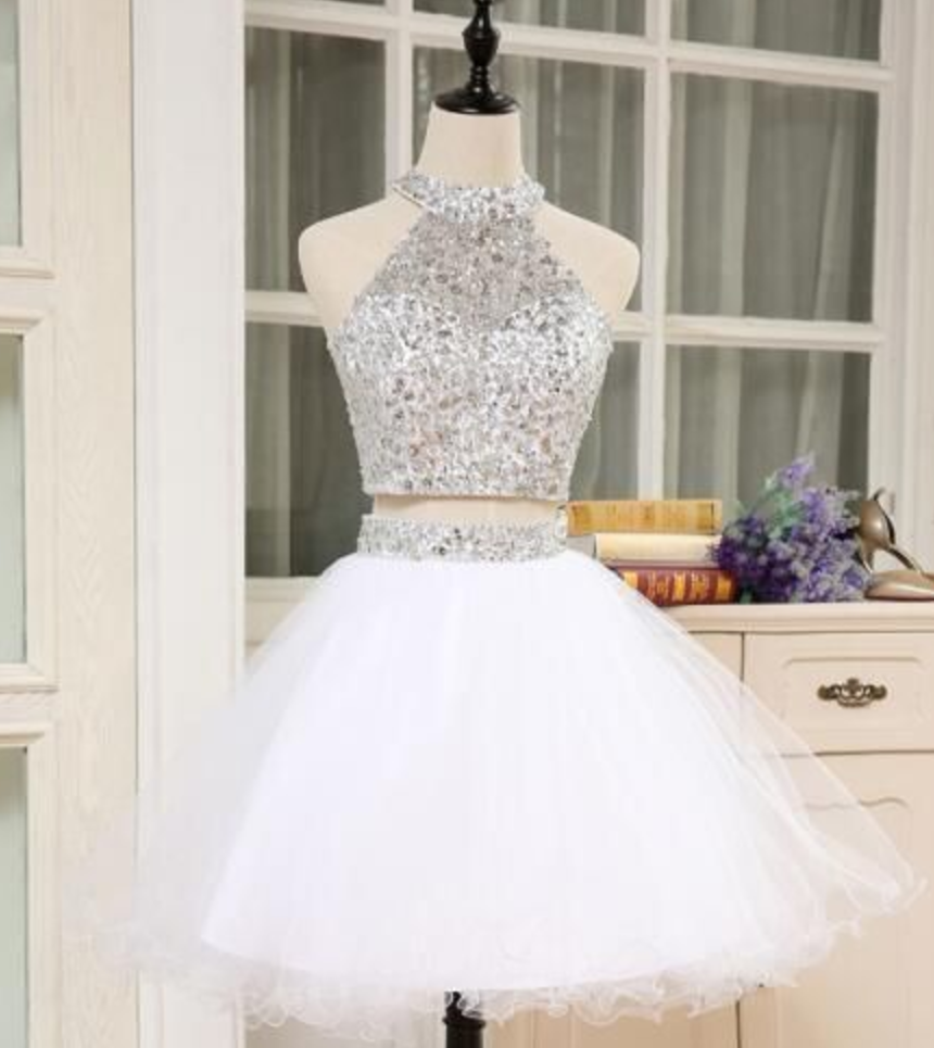 Shining 2 Piece Prom Dresses High Neck Crystal Beaded Puffy Short Homecoming Dress For Graduation