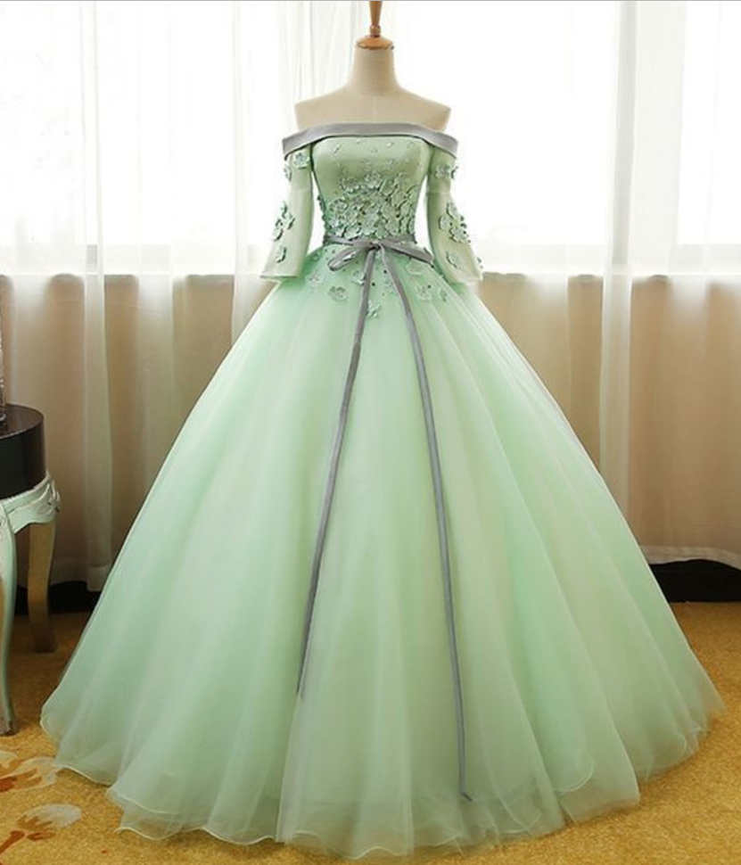 Off Shoulder Applique Long Sleeves Tulle Slit Dress Mint Green main image 1