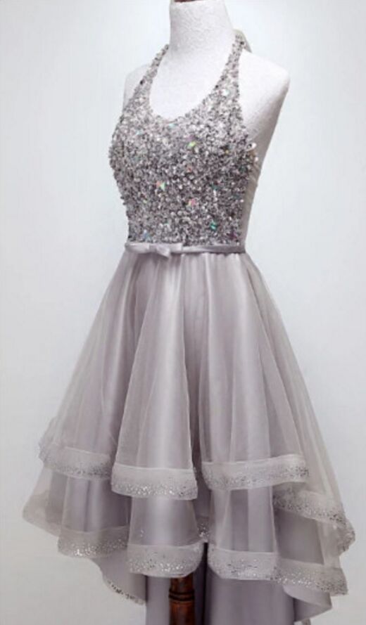 Sparkly Halter Sequins Bodice High-low Prom Dress Tulle Homecoming Dress