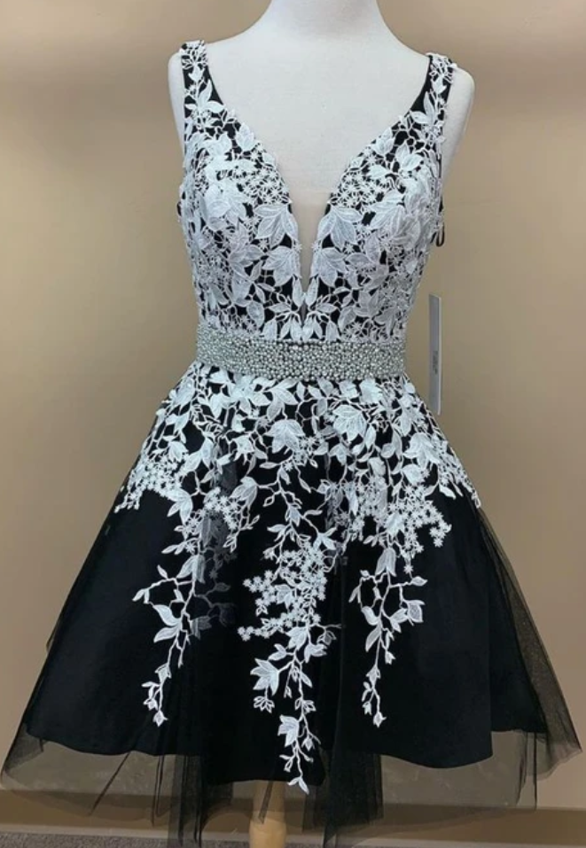 Short Homecoming Dresses, Black And White Lace Homecoming Dresses Party Dresses