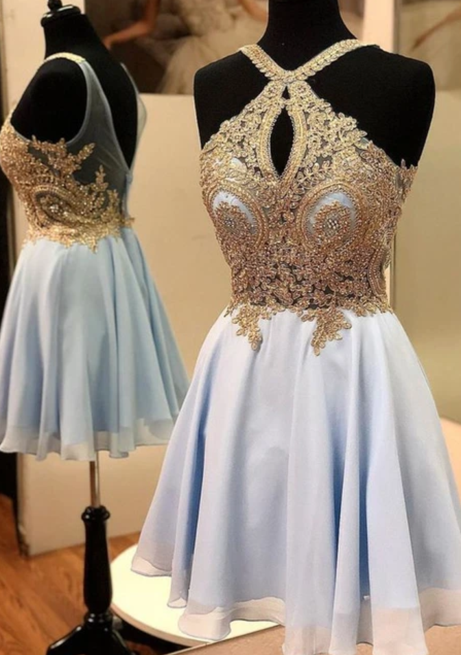A-line Blue And Gold Short Homecoming Dresses