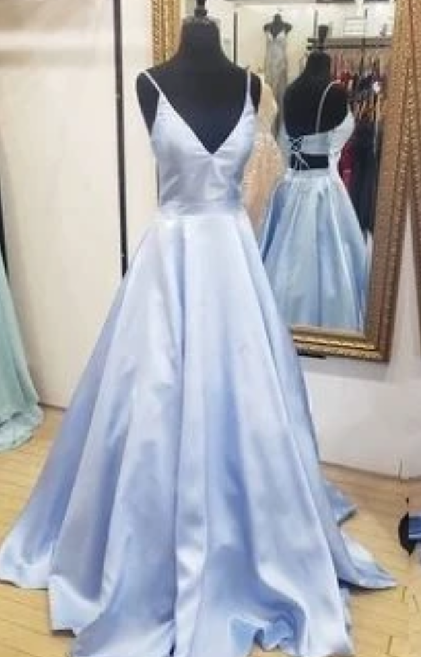 A-line Blue Satin Long Prom Dress With Lace Up Back