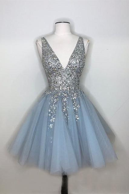 Sparkly A-line Deep V-neck Light Blue Short Homecoming Dresses