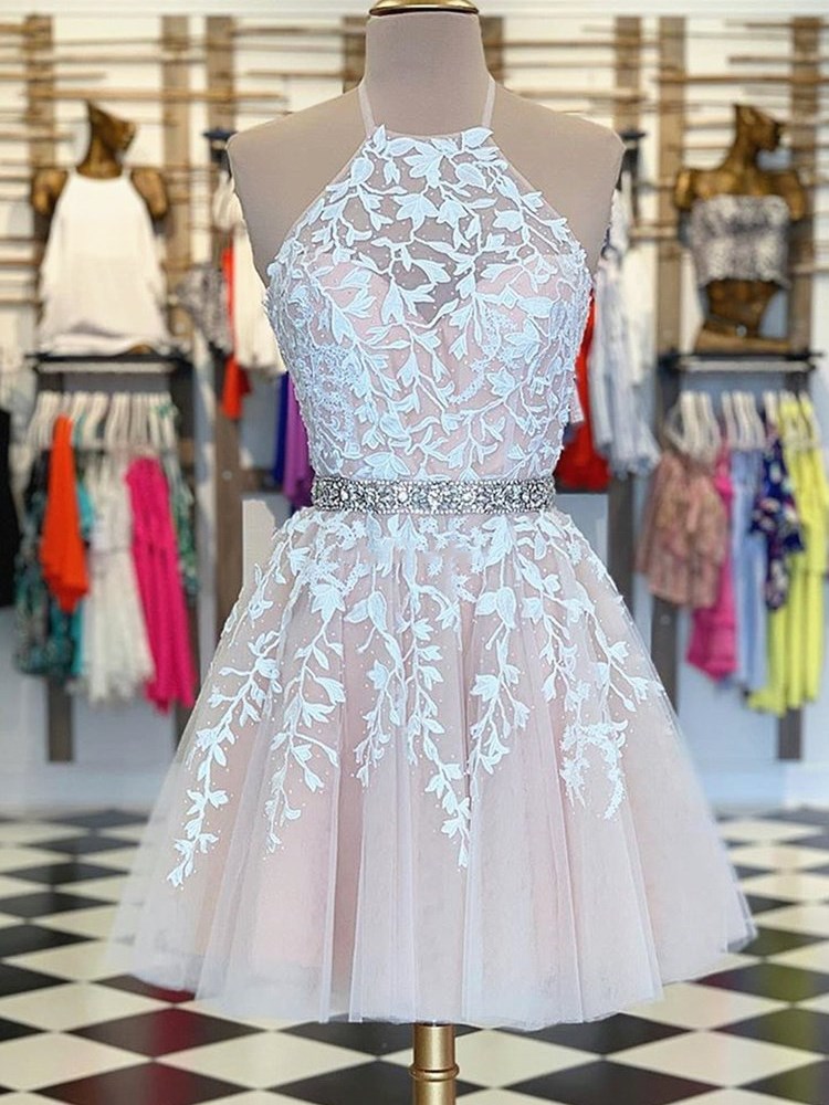 Pink Tulle Short Prom Dresses With Appliques,formal Evening Party Dresses,homecoming Dresses A-line Halter Cross Back