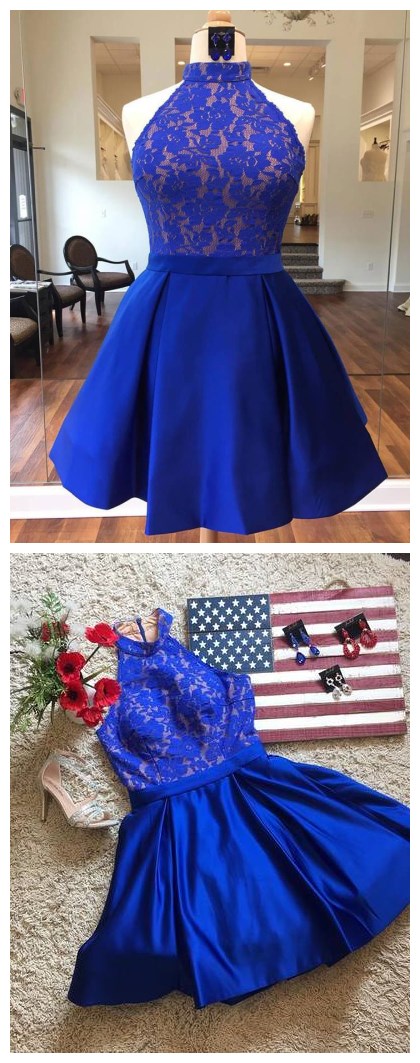 A-line Royal Blue Short Prom Dress High Neck Lace Short Prom Dress Homecoming Dress