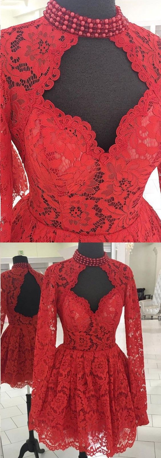 A-line High Neck Long Sleeve Homecoming Dress Red Lace Short Prom Dress