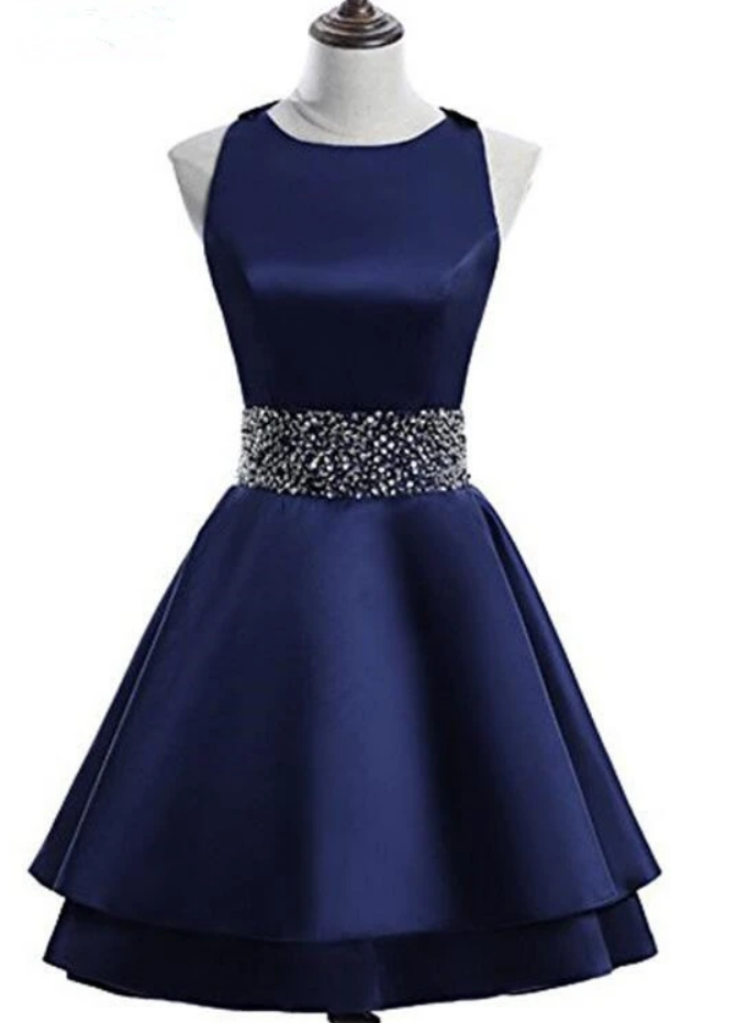 Satin Layers Cross Back Homecoming Dress, Blue Short Prom Dress