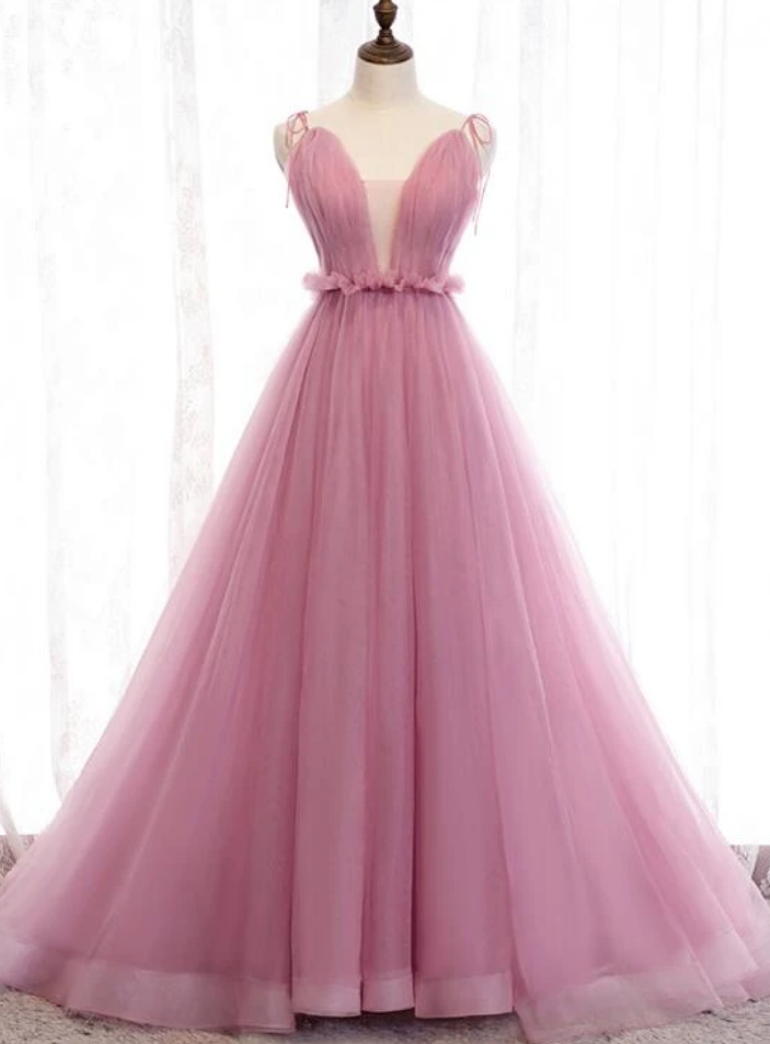 V-neckline Straps Tulle Long Evening Dress, Prom Dress