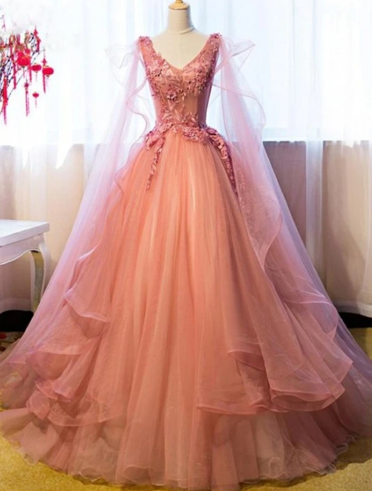 Tulle Sweet 16 Party Dress With Lace Applique, Long Formal Gown