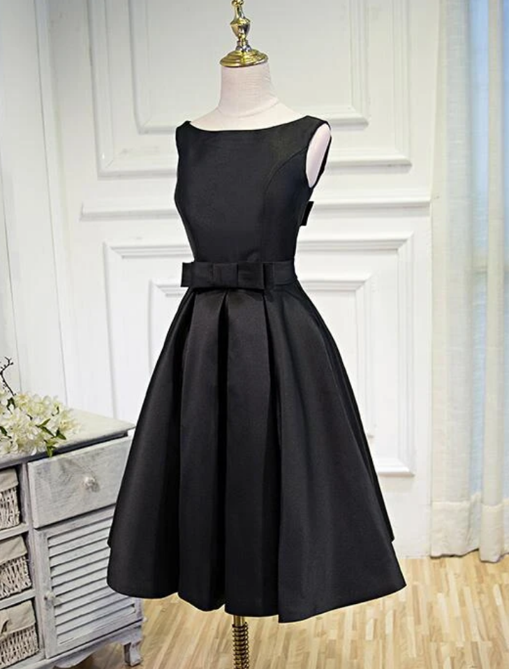 Lovely Simple Black Satin Knee Length Party Dress, Prom Dress
