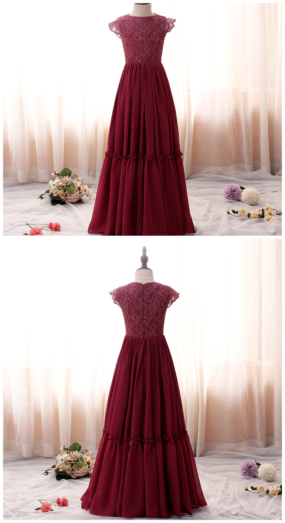 Flower Girl Dress,weddings Children Princess Ball Gowns Petal Sleeve Wine Red High-end Party Ceremony Dress Birthday Banquet Girls Clothes