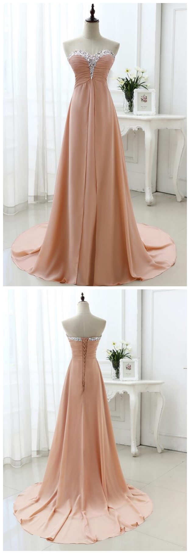 Beautiful Beaded Sweetheart Chiffon Long Formal Dress, Junior Prom Dress
